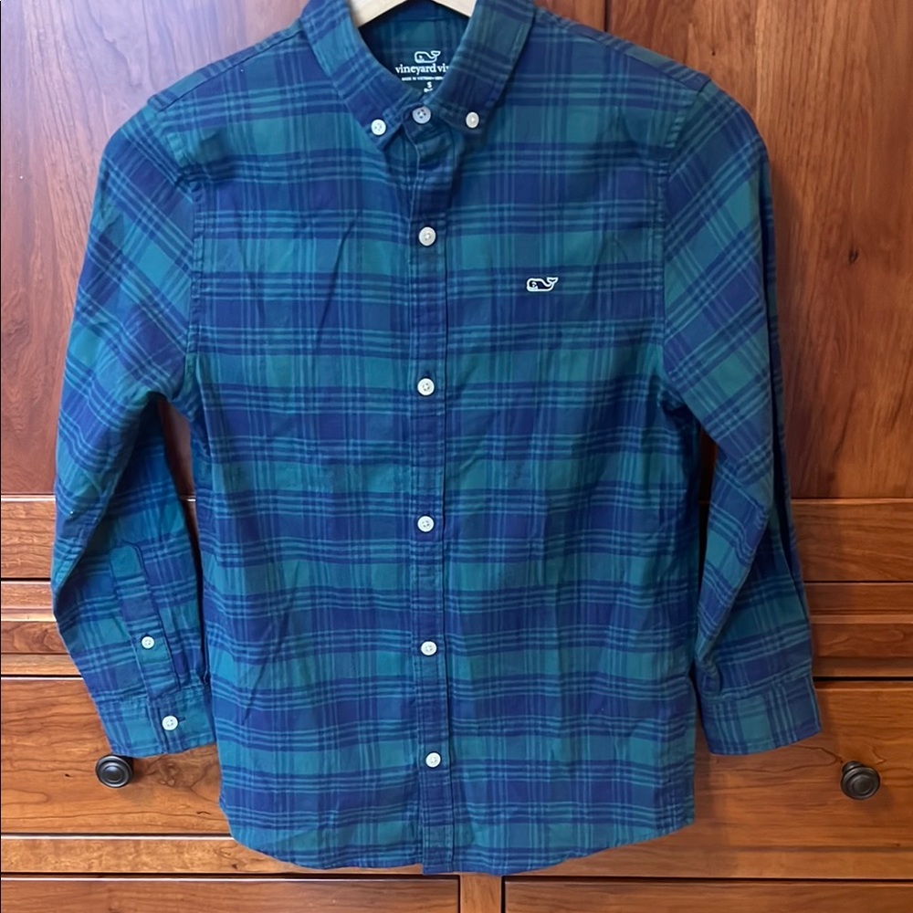 Vineyard Vines Boys’ Blue and Green Plaid Shirt